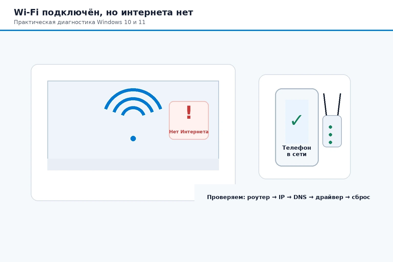 Wi‑Fi подключён, но интернета нет: что делать в Windows 10 и 11